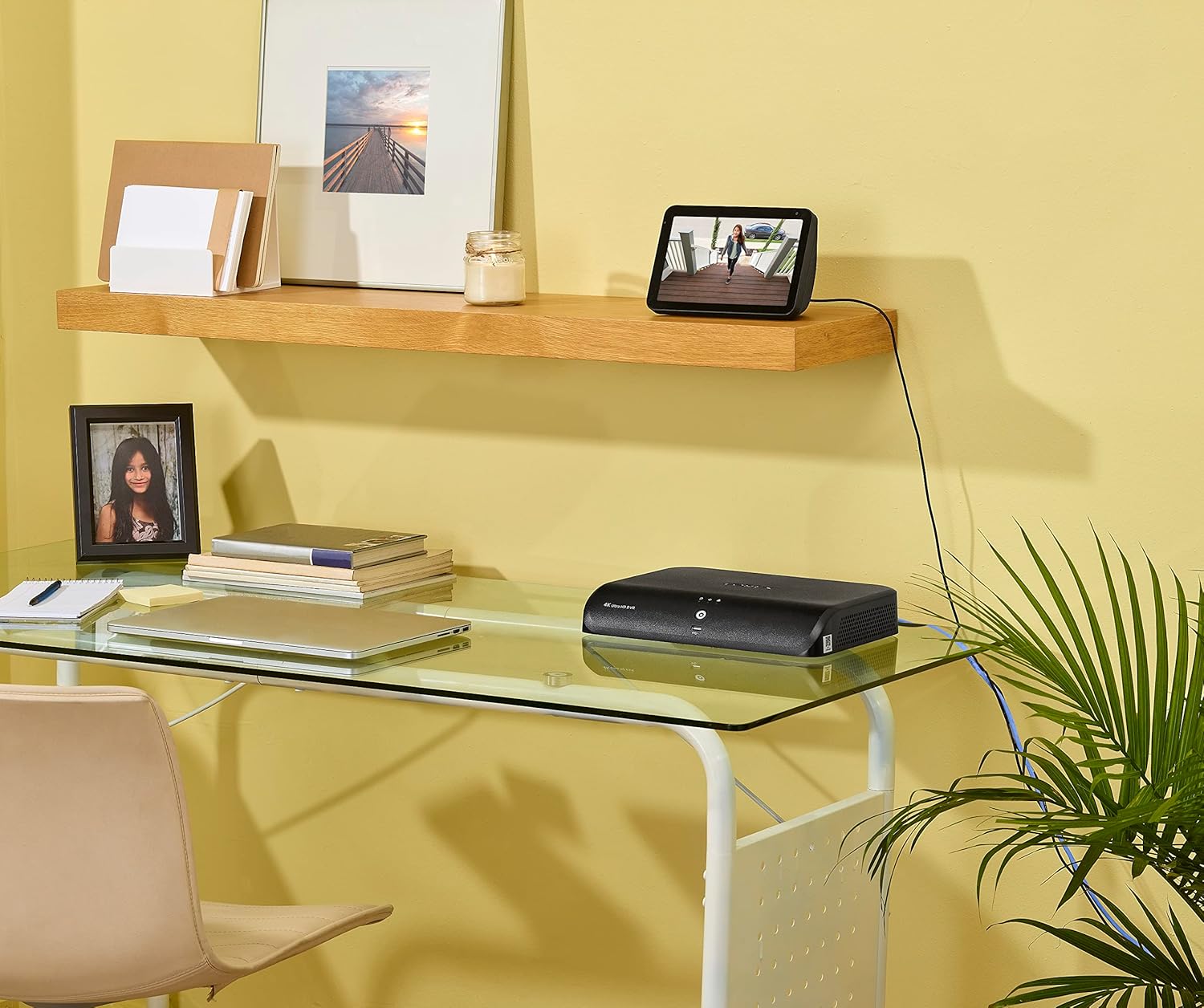 Modern home office with glass desk