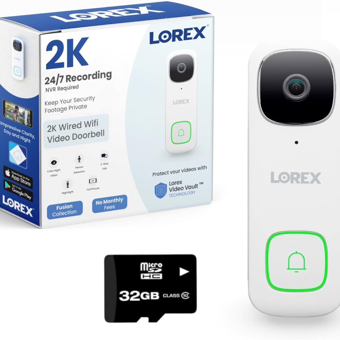 Lorex 2K video doorbell with 32GB microSD card included.