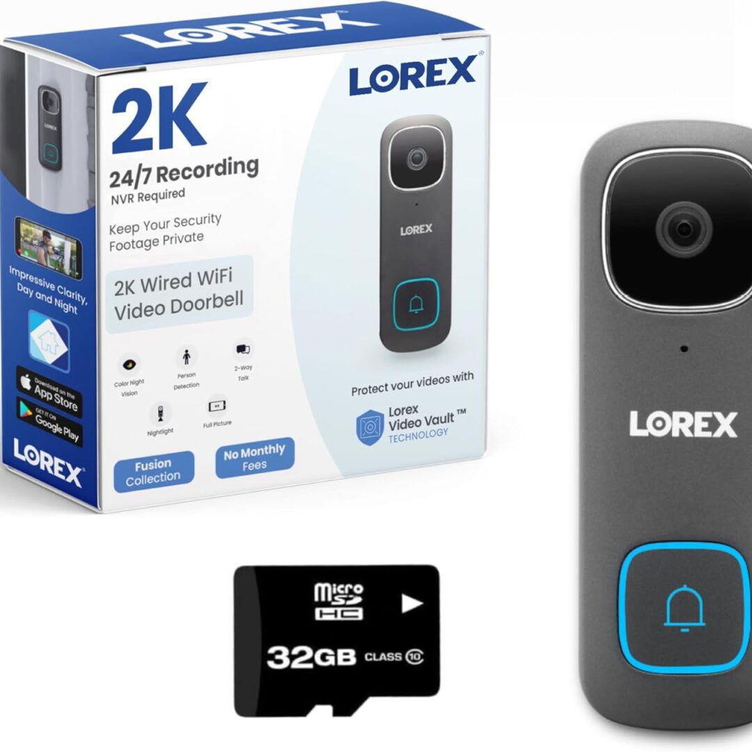 Lorex 2K video doorbell with 32GB microSD card included.