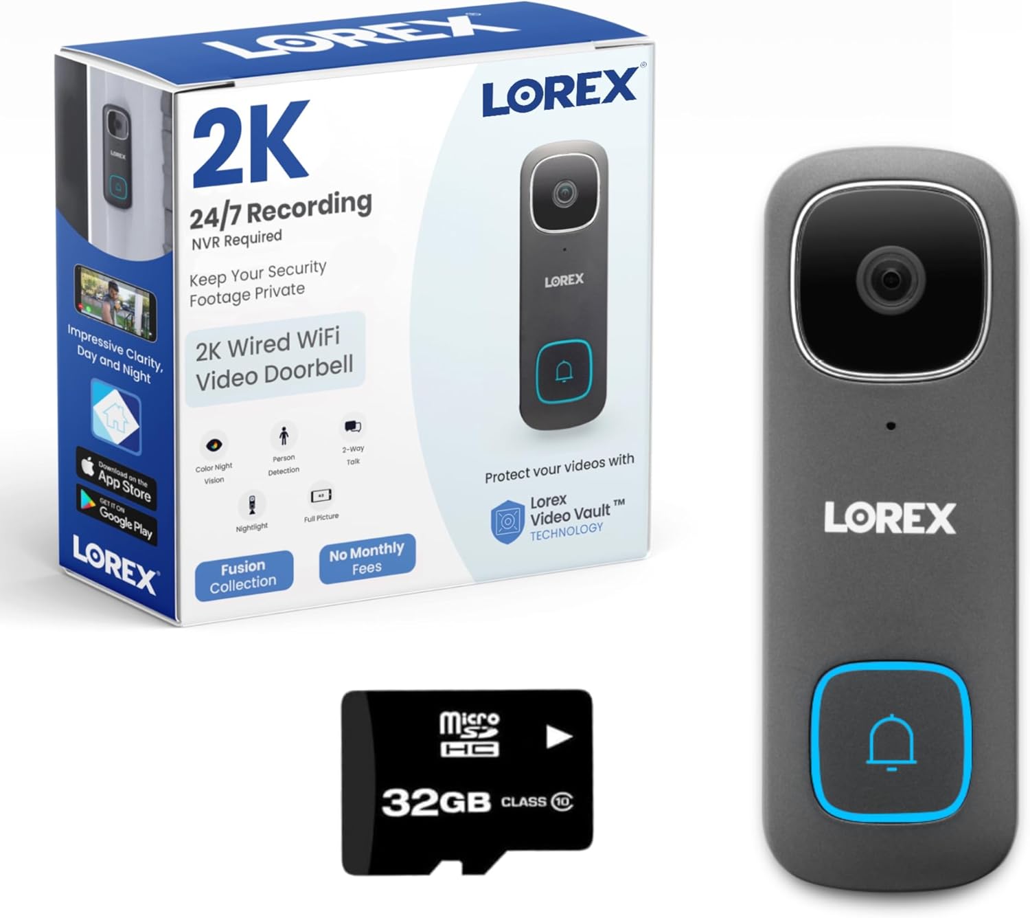 Lorex 2K video doorbell with 32GB microSD card included.