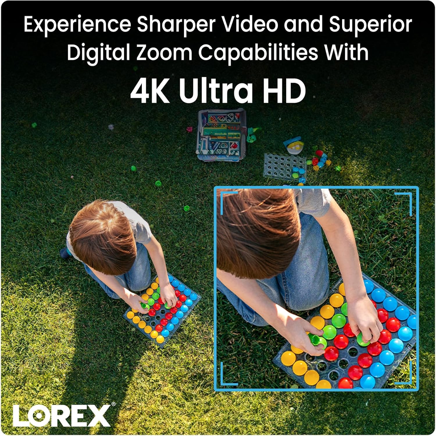 Top-down view showing 4K Ultra HD zoom on a person playing with colorful blocks outdoors.