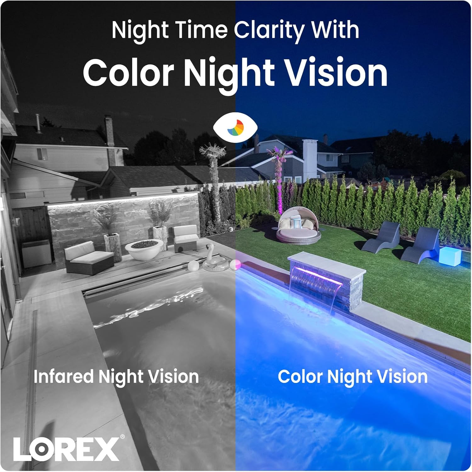 Split image showing Lorex camera's infrared and color night vision capabilities.