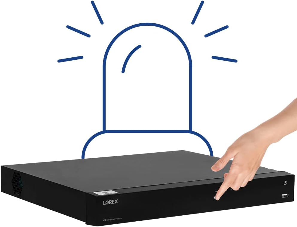 Hand pressing a button on a black device with an alert icon above.