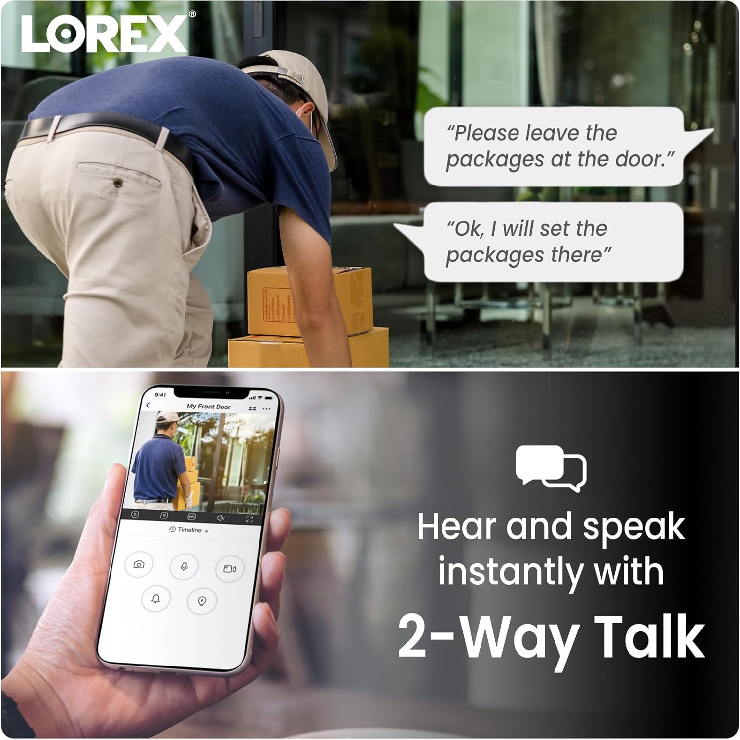 Person using Lorex app for 2-way talk with someone at the door.