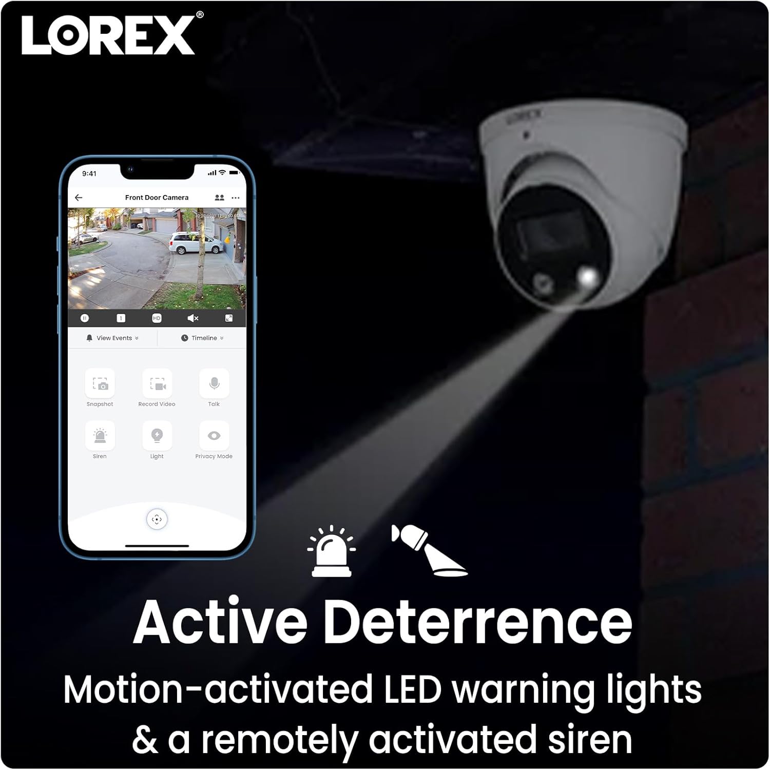 Lorex security camera with motion-activated LED lights and siren for active deterrence.