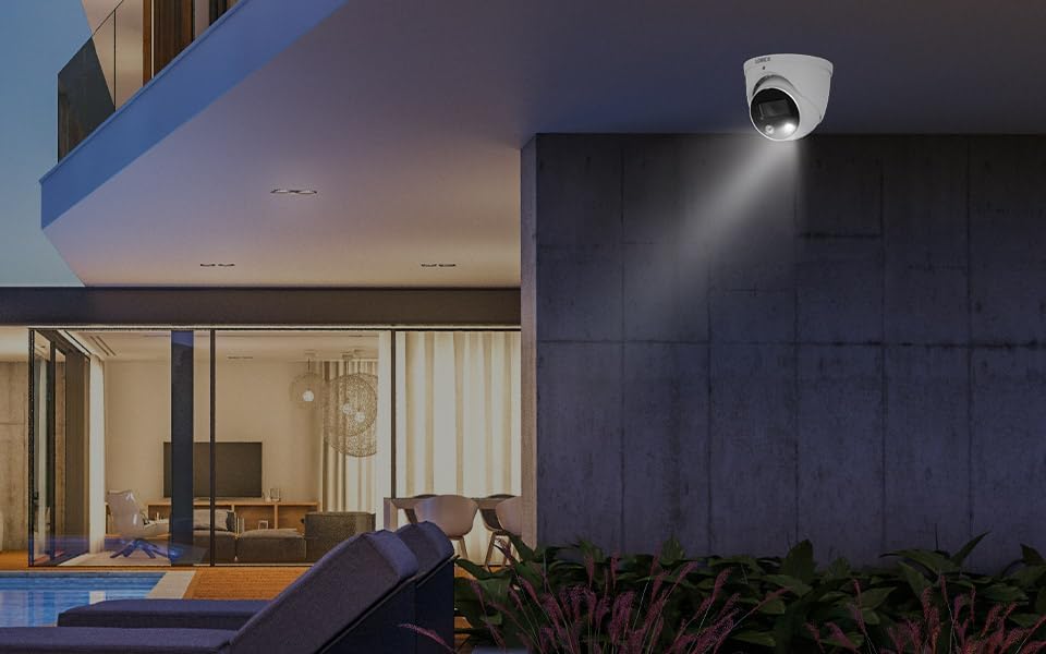 Modern outdoor security camera mounted on a dark wall at dusk.