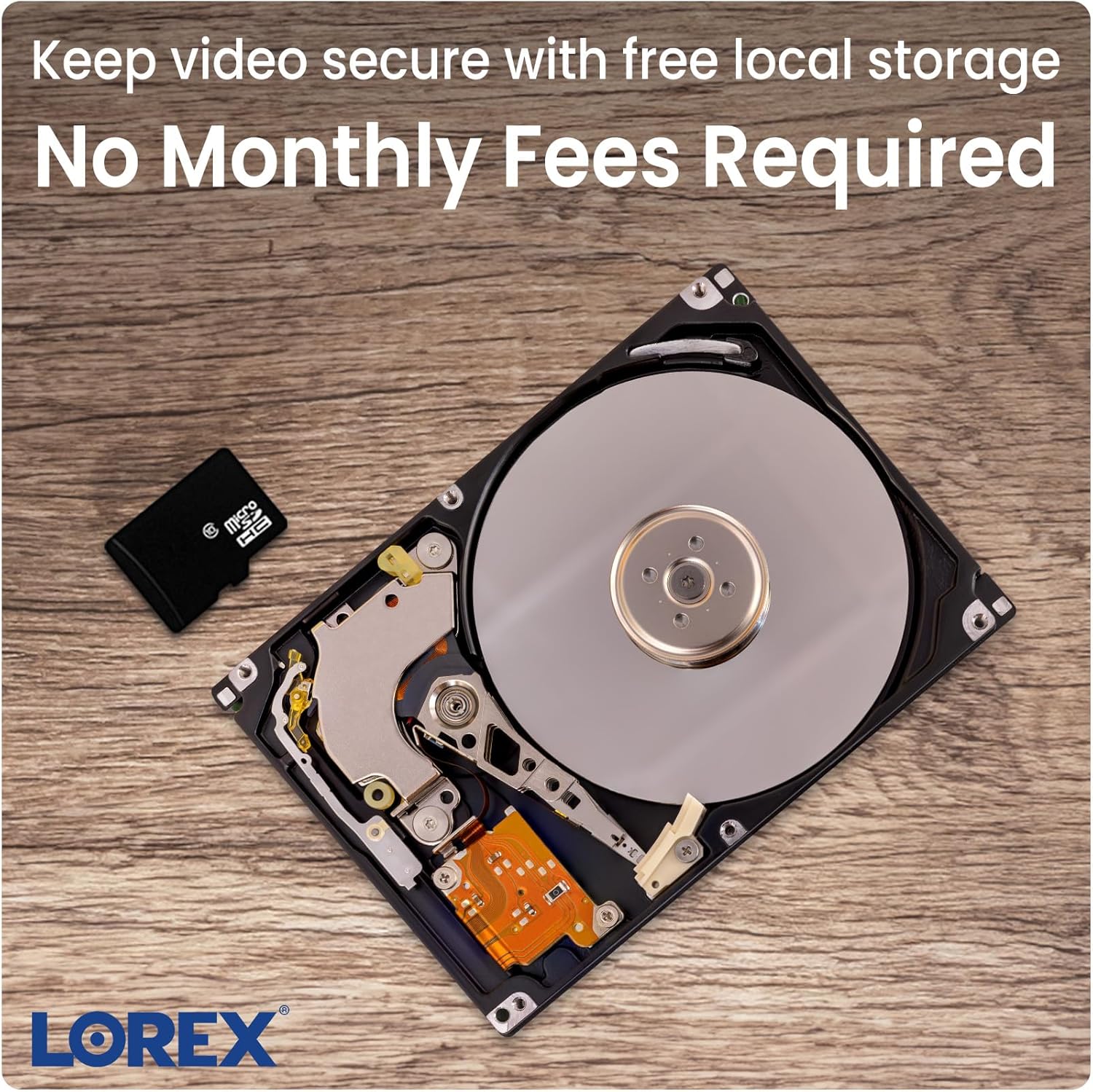 Open hard drive with text about free local storage and no monthly fees.