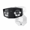 A modern white security camera with dual lenses and mounting bracket.