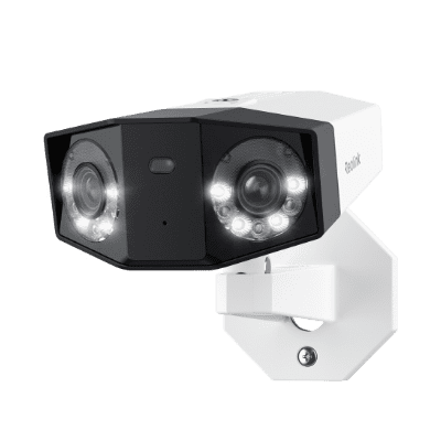 A modern white security camera with dual lenses and mounting bracket.