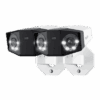 Two modern security cameras with white housings and black fronts.