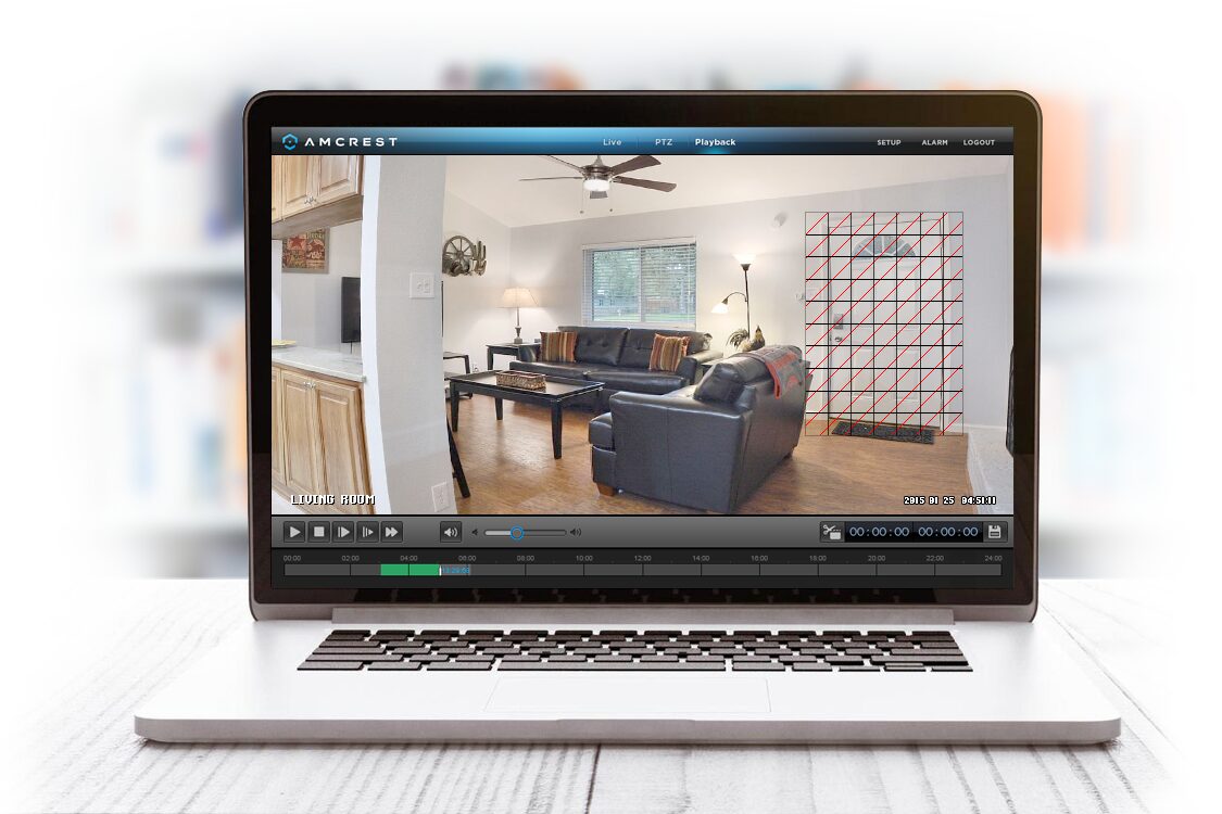 Laptop displaying a modern living room in a virtual tour.