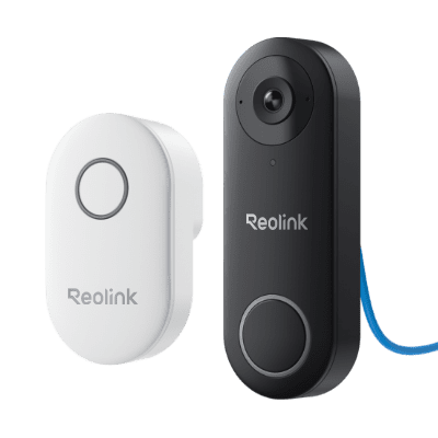 Two Reolink security cameras, one white and one black, displayed side by side.