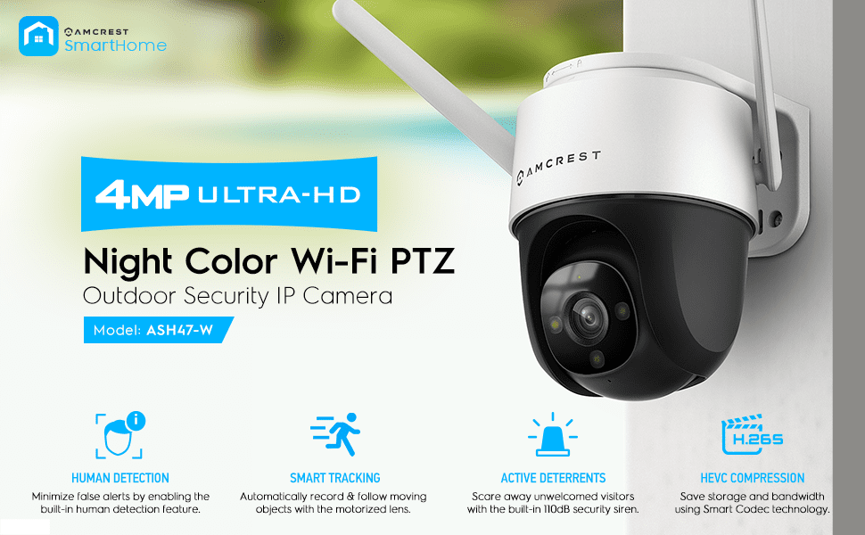 White PTZ Wi-Fi security camera with antenna and night vision.