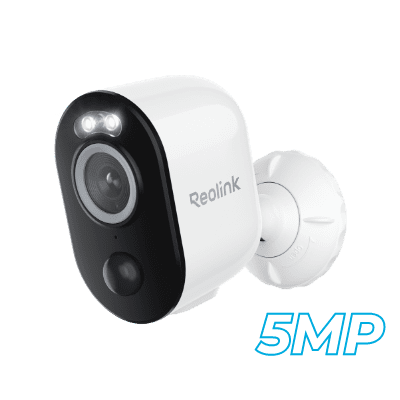White Reolink 5MP security camera with night vision.
