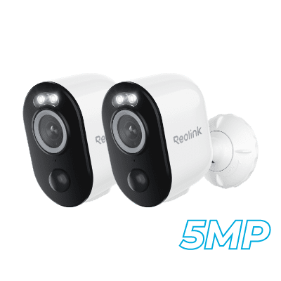 Two white 5MP security cameras against a blue background.