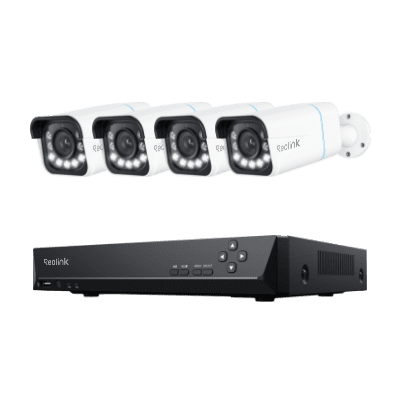A security camera system with four cameras and a DVR unit.