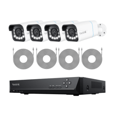 Security camera system with four cameras and a digital recorder.