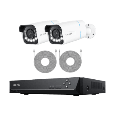 Security camera system with two cameras and a DVR unit.