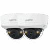 Two white Reolink dome security cameras with black lenses.