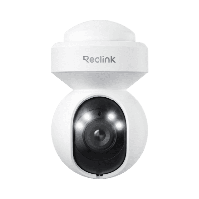 White Reolink security camera with dome design and black lens.