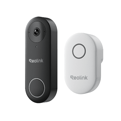 A black and white Reolink video doorbell and chime set.