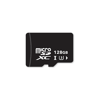A 128GB microSDXC memory card on a black background.