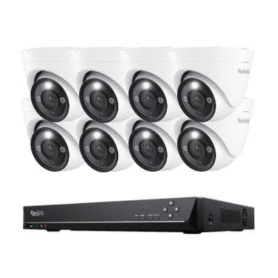 Security camera system with eight cameras and a recording device.