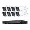 Set of eight white security cameras with a black DVR recorder.