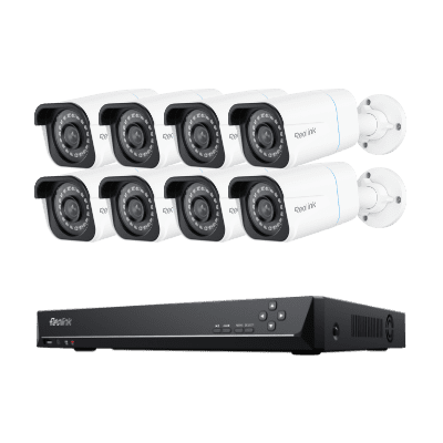 Set of eight white security cameras with a black DVR recorder.