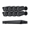 Eight black surveillance cameras with a recording device.
