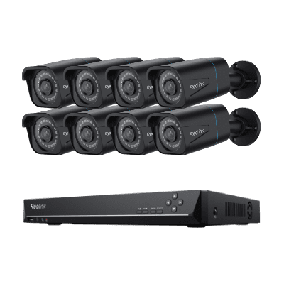 Eight black surveillance cameras with a recording device.