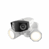 Outdoor security camera with dual floodlights attached.