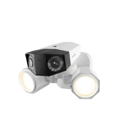 Outdoor security camera with dual floodlights attached.