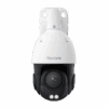 White and black outdoor security camera with dual sensors and a rounded dome design.
