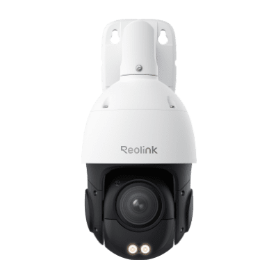 White and black outdoor security camera with dual sensors and a rounded dome design.