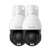 Two white Reolink security cameras with black lenses and LED lights.