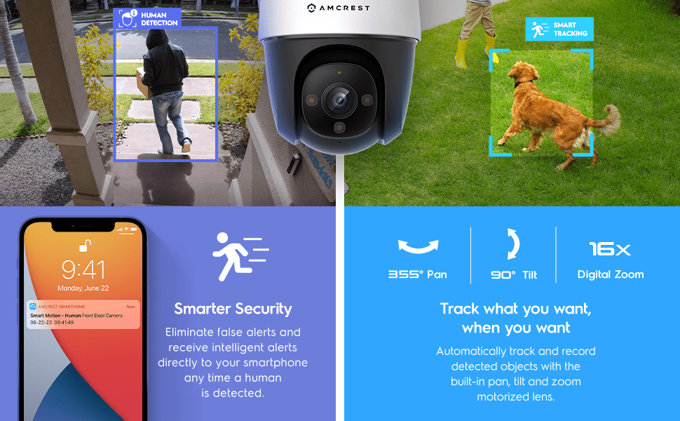 Smart security camera with pet recognition and mobile alerts.
