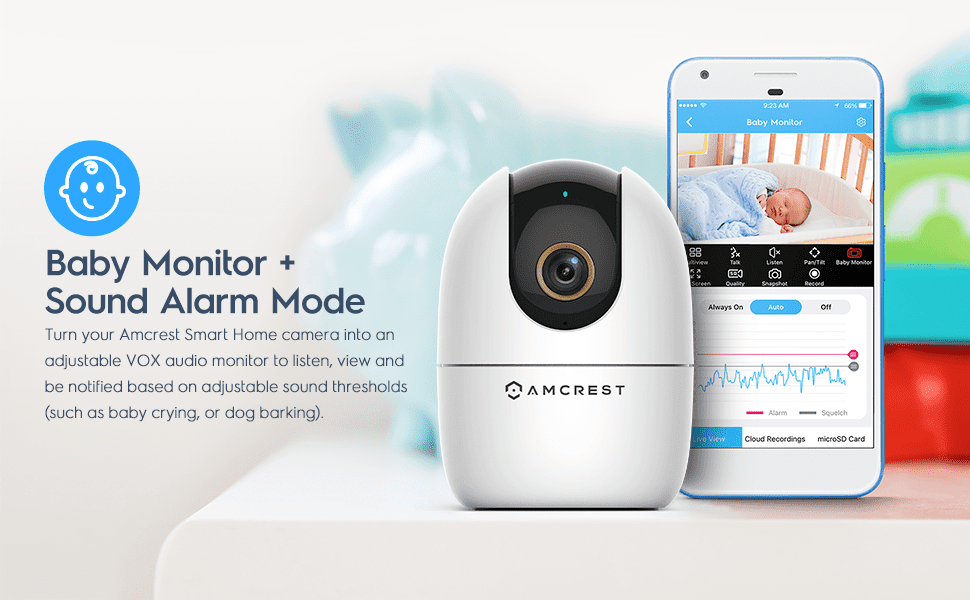 Smart home camera with 2-way audio and mobile app monitoring.