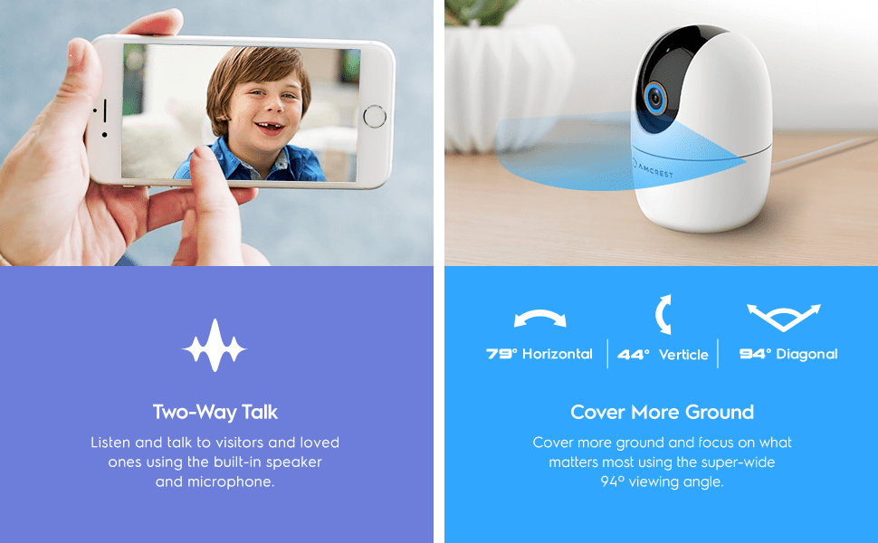 Two-way talk and cover motion guard features of a smart security camera.