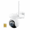 White wireless security camera with SIM card for connectivity.