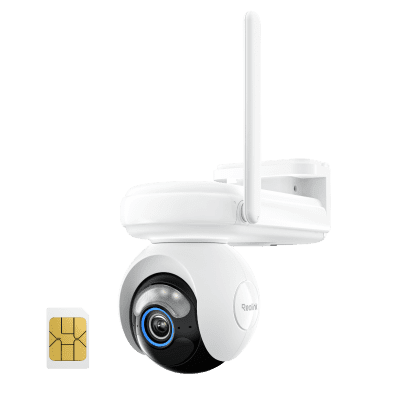 White wireless security camera with SIM card for connectivity.