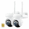 Dual-lens white security camera with antennas and a SIM card.
