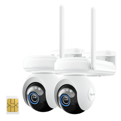 Dual-lens white security camera with antennas and a SIM card.