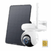 Wireless solar-powered security camera with antenna and SIM card slot.