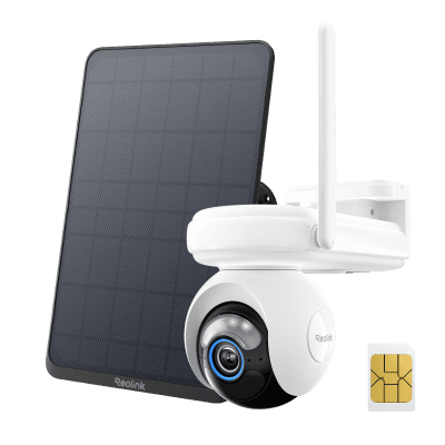 Wireless solar-powered security camera with antenna and SIM card slot.