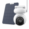 White solar-powered security camera with black lens and panel.