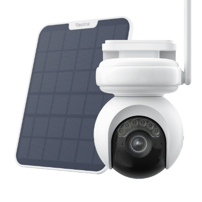 White solar-powered security camera with black lens and panel.
