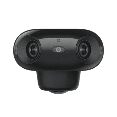 A sleek black dual-lens camera with a minimalist design.