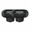 Two black surveillance cameras with dual lenses on a gray background.