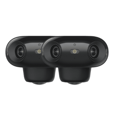 Two black surveillance cameras with dual lenses on a gray background.